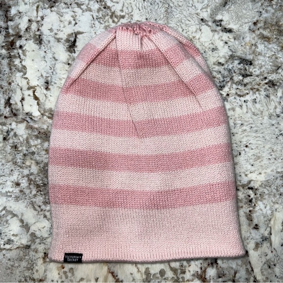 NWT Victoria's Secret Signature Pink and Black Stripe Reversible Beanie - Picture 8 of 11